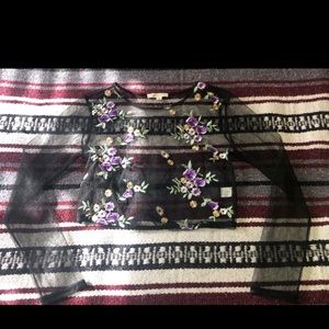 floral detail mesh long sleeve crop top
